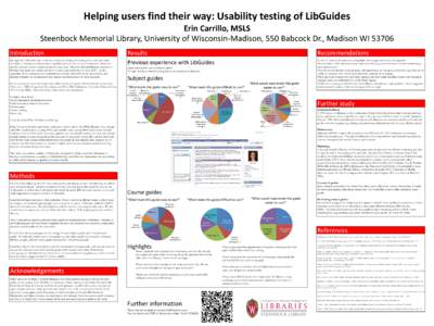 Helping users find their way: Usability testing of LibGuides Erin Carrillo, MSLS Steenbock Memorial Library, University of Wisconsin-Madison, 550 Babcock Dr., Madison WIIntroduction Springshare’s LibGuides have 