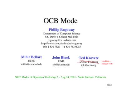 Second Modes of Operation Workshop (August[removed]OCB Modes