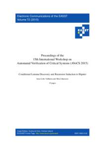 Electronic Communications of the EASST VolumeProceedings of the 15th International Workshop on Automated Verification of Critical Systems (AVoCS 2015)