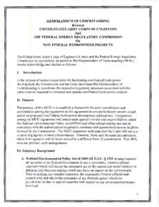 MEMORANDUM OF UNDERSTANDING Between UNITED STATES ARMY CORPS OF ENGINEERS And THE FEDERAL ENERGY REGULATORY COMMISSION On