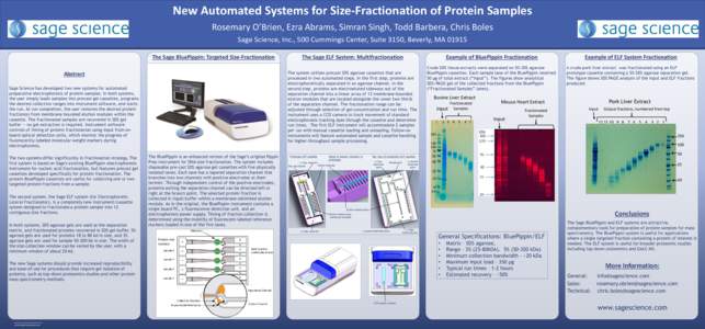 New Automated Systems for Size-Fractionation of Protein Samples Rosemary O’Brien, Ezra Abrams, Simran Singh, Todd Barbera, Chris Boles Sage Science, Inc., 500 Cummings Center, Suite 3150, Beverly, MAThe Sage Blu