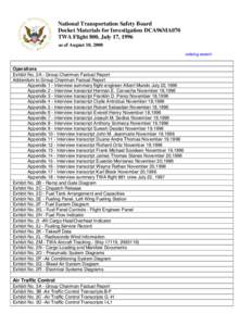 National Transportation Safety Board Docket Materials for Investigation DCA96MA070 TWA Flight 800, July 17, 1996 as of August 10, 2000 catalog search