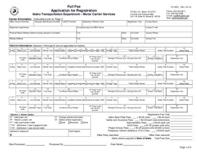 Idaho Full Fee Registration Application - ITD 3033