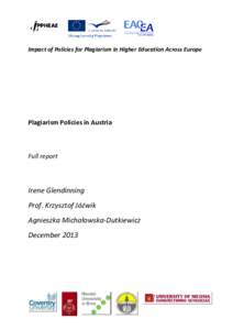 Impact of Policies for Plagiarism in Higher Education Across Europe  Plagiarism Policies in Austria Full report