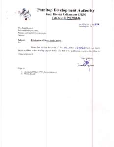 Patn top Development Authori udo Df,strict Udhampur (J&K)  Tqle-fax: 019922Q8146