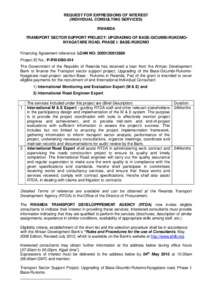 REQUEST FOR EXPRESSIONS OF INTEREST (INDIVIDUAL CONSULTING SERVICES) RWANDA TRANSPORT SECTOR SUPPORT PROJECT: UPGRADING OF BASE-GICUMBI-RUKOMONYAGATARE ROAD, PHASE I: BASE-RUKOMO Financing Agreement reference: LOAN NO: 2