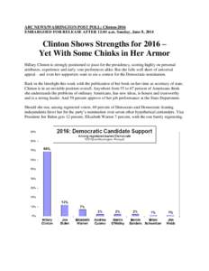 ABC NEWS/WASHINGTON POST POLL: Clinton-2016 EMBARGOED FOR RELEASE AFTER 12:01 a.m. Sunday, June 8, 2014 Clinton Shows Strengths for 2016 – Yet With Some Chinks in Her Armor Hillary Clinton is strongly positioned to jou