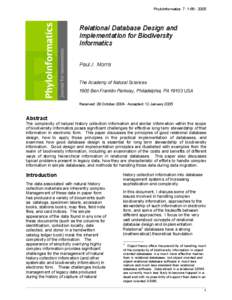 PhyloInformatics 7: [removed]Relational Database Design and Implementation for Biodiversity Informatics Paul J. Morris