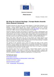 EUROPEAN COMMISSION  PRESS RELEASE Brussels, 9 October[removed]EU Prize for Cultural Heritage / Europa Nostra Awards: