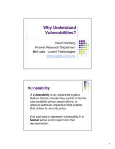 Why Understand Vulnerabilities? David Shinberg Internet Research Department Bell Labs - Lucent Technologies 