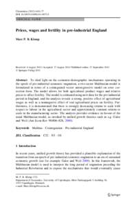 Cliometrica:63–77 DOIs11698ORIGINAL PAPER Prices, wages and fertility in pre-industrial England Marc P. B. Klemp