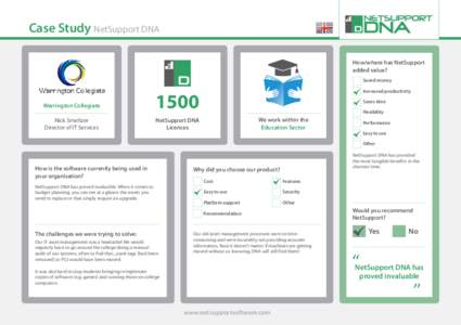 Case Study NetSupport DNA How/where has NetSupport added value? Saved money  Warrington Collegiate