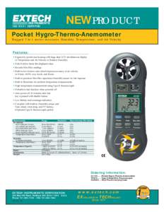 NEWPRODUCT  ISO 9001 CERTIFIED Pocket Hygro-Thermo-Anemometer Rugged 3-in-1 meter measures Humidity, Temperature, and Air Velocity
