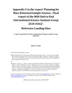 Appendix 5 to the report ‘Planning for Mars Returned Sample Science: Final report of the MSR End-to-End International Science Analysis Group (E2E-iSAG)’: Reference Landing Sites