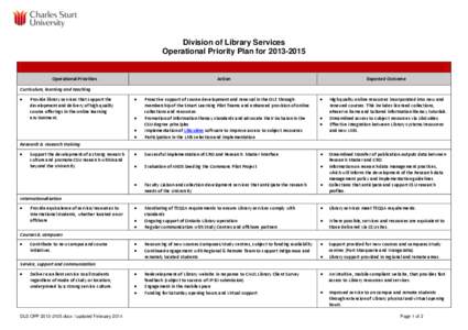 Division of Library Services Operational Priority Plan for[removed]Operational Priorities  Action