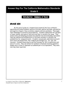 Answer Key For The California Mathematics Standards Grade 6 Introduction: Summary of Goals GRADE SIX By the end of grade six, students have mastered the four arithmetic
