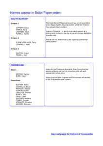 Names appear in Ballot Paper order: SOUTH BURNETT Division 1 JEFFERY, Steve GREEN, Barry LADYMAN, Mark