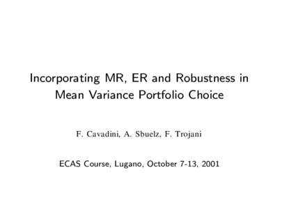 Incorporating MR, ER and Robustness in Mean Variance Portfolio Choice F. Cavadini, A. Sbuelz, F. Trojani ECAS Course, Lugano, October 7-13, 2001
