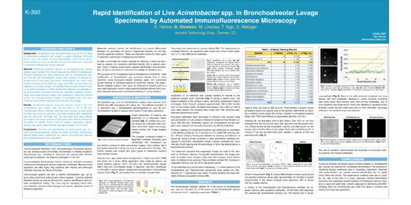 K-392  Rapid Identification of Live Acinetobacter spp. in Bronchoalveolar Lavage Specimens by Automated Immunofluorescence Microscopy K. Hance, D. Howson, M. Lindsey, T. Ngo, S. Metzger Accelr8 Technology Corp., Denver, 