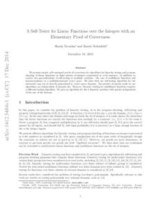 A Self-Tester for Linear Functions over the Integers with an Elementary Proof of Correctness arXiv:1412.5484v1 [cs.CC] 17 DecSheela Devadas∗ and Ronitt Rubinfeld†