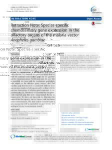 Retraction Note: Species-specific chemosensory gene expression in the olfactory organs of the malaria vector Anopheles gambiae