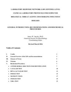 LABORATORY RESPONSE NETWORK (LRN) SENTINEL LEVEL CLINICAL LABORATORY PROTOCOLS FOR SUSPECTED BIOLOGICAL THREAT AGENTS AND EMERGING INFECTIOUS DISEASES