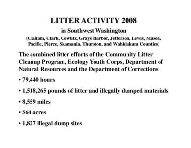 LITTER ACTIVITY 2008 in Southwest Washington (Clallam, Clark, Cowlitz, Grays Harbor, Jefferson, Lewis, Mason, Pacific, Pierce, Skamania, Thurston, and Wahkiakum Counties)  The combined litter efforts of the Community Lit