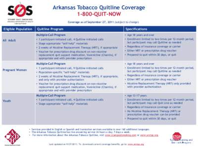 Arkansas Tobacco Quitline Coverage[removed]QUIT-NOW Coverage as of September 27, 2011 (subject to change) Eligible Population All Adult