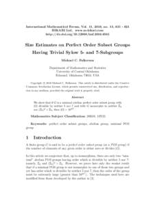 International Mathematical Forum, Vol. 11, 2016, no. 13, HIKARI Ltd, www.m-hikari.com http://dx.doi.orgimfSize Estimates on Perfect Order Subset Groups Having Trivial Sylow 5- and 7-Subgrou