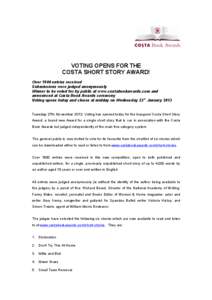 VOTING OPENS FOR THE COSTA SHORT STORY AWARD! Over 1800 entries received