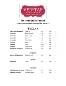 FEATURED VERITAS BEERS ****ASK YOUR SERVER ABOUT FEATURES AND SPECIALS**** TEXAS Cedar Creek Lawn Ranger