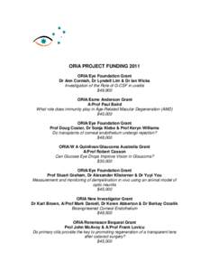 ORIA PROJECT FUNDING 2011 ORIA/Eye Foundation Grant Dr Ann Cornish, Dr Lyndell Lim & Dr Ian Wicks Investigation of the Role of G-CSF in uveitis $49,900 ORIA/Esme Anderson Grant