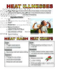 Many people are not aware of the risks of heat stress on their body. Heatinduced illnesses and even death can occur when the body is unable to cool itself by sweating. Heat Illness Factors   Age