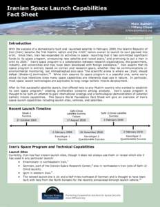 Iranian Space Launch Capabilities Fact Sheet Main Author: Tiffany Chow  2 September 2010