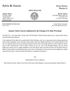 Sylvia R. Garcia  Texas Senate District 6 PRESS RELEASE