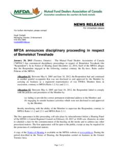 News release - MFDA announces disciplinary proceeding in respect of Bemelekot Tewahade