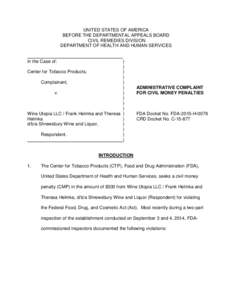 Administrative Complaint For Civil Money Penalties FDA Docket No. FDA-2015-HCRD Docket No. C