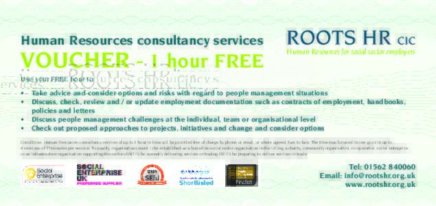 Human Resources consultancy services  VOUCHER - 1 hour FREE Human Resources for social sector employers