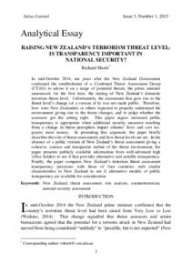Salus Journal  Issue 3, Number 1, 2015 Analytical Essay RAISING NEW ZEALAND’S TERRORISM THREAT LEVEL:
