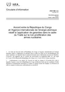 INFCIRC[removed]Agreement between the Republic of the Congo and the International Atomic Energy Agency for the Application of Safeguards in Connection with the Treaty on the Non‑Proliferation of Nuclear Weapons - French