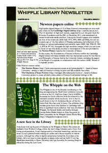 Department of History and Philosophy of Science, University of Cambridge  Whipple Library Newsletter EASTER[removed]VOLUME 3, ISSUE 3