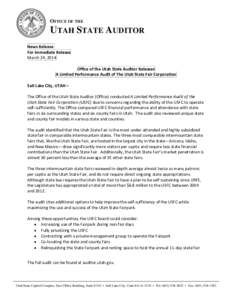 OFFICE OF THE  UTAH STATE AUDITOR News Release For Immediate Release March 24, 2014