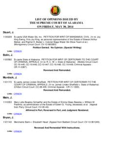 LIST OF OPINIONS ISSUED BY THE SUPREME COURT OF ALABAMA ON FRIDAY, MAY 30, 2014 Stuart, J[removed]Ex parte USA Water Ski, Inc. PETITION FOR WRIT OF MANDAMUS: CIVIL (In re: Joy King Ewing, f/k/a Joy King, as personal rep