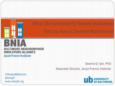 What Do Community Based Indicators Tell Us About Divided Baltimore? Seema D. Iyer, PhD  Associate Director, Jacob France Institute
