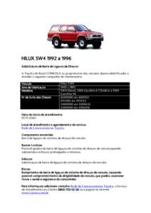 HILUX SW4 1992 a 1996 Substituição da Barra de Ligação da Direção A Toyota do Brasil CONVOCA os proprietários dos veículos abaixo identificados a atender à seguinte campanha de chamamento: Veículo Ano de Fabric