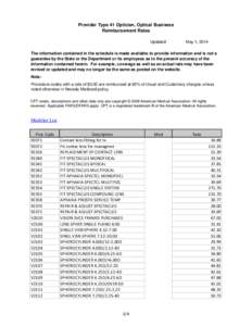 Provider Type 41 Optician, Optical Business Reimbursement Rates Updated: May 1, 2014