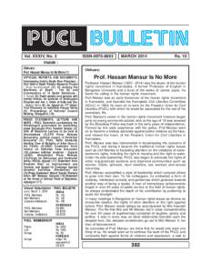 P UCL BULLETIN Vol. XXXIV, No. 3 Inside : Obituary: Prof. Hassan Mansur Is No More (1) ARTICLES, REPORTS, AND DOCUMENTS: