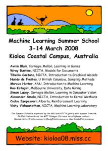 Machine Learning Summer School 3-14 March 2008 Kioloa Coastal Campus, Australia Avrim Blum, Carnegie Mellon, Learning in Games Wray Buntine, NICTA, Models for Documents Tiberio Caetano, NICTA, Introduction to Graphical M
