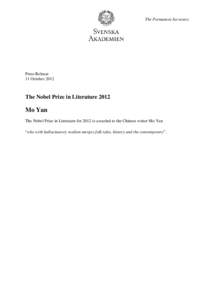 The Permanent Secretary  Press Release 11 October[removed]The Nobel Prize in Literature 2012