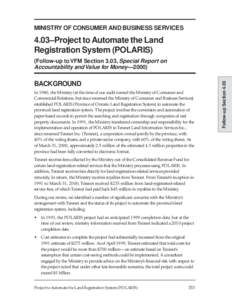MINISTRY OF CONSUMER AND BUSINESS SERVICES  4.03–Project to Automate the Land Registration System (POLARIS)  BACKGROUND